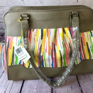 NWT Baekgaard Tan Leather Frame Shoulder Bag Watercolor Stripe Side Pockets